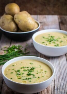 Creamy, savory, and with an (optional!) cayenne kick, this is a twist on a traditional French comfort food. This Creamy Potato Leek Soup is unbelievably easy to make that it's sure to become a staple in your house this winter. Just top with fresh chives and serve warm for a meal your family will love!