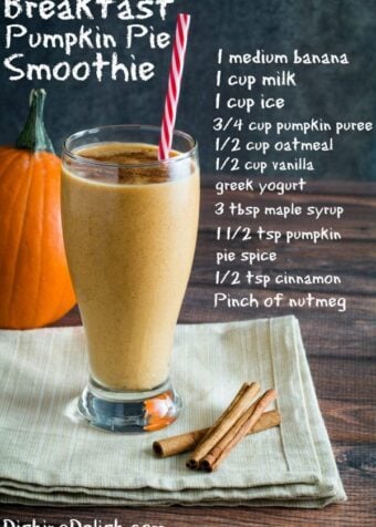 Creamy, smooth, and sinfully sweet, you won't believe how easy this Breakfast Pumpkin Pie Smoothie is to make! With nutritious oatmeal and yogurt, this smoothie tastes exactly like pumpkin pie in a glass, bringing the flavors of autumn to your breakfast table. Best of all, it's like having dessert for breakfast, without all of the baking!