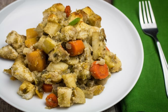 Savory, sweet, and packed with the flavors of herbs and autumn vegetables, this Root Vegetable Gluten Free Stuffing is the perfect addition to your Thanksgiving table. Apples, raisins, and apple cider come together with a mix of root vegetables, gluten free bread, herbs, and a buttery vegetable broth to bring your holiday stuffing to the next level.