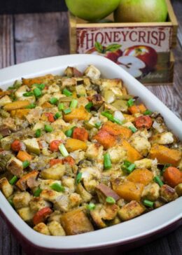 Savory, sweet, and packed with the flavors of herbs and autumn vegetables, this Gluten Free Root Vegetable Stuffing is the perfect addition to your Thanksgiving table. Apples, raisins, and apple cider come together with a mix of root vegetables, gluten free bread, herbs, and a buttery vegetable broth to bring your holiday stuffing to the next level.