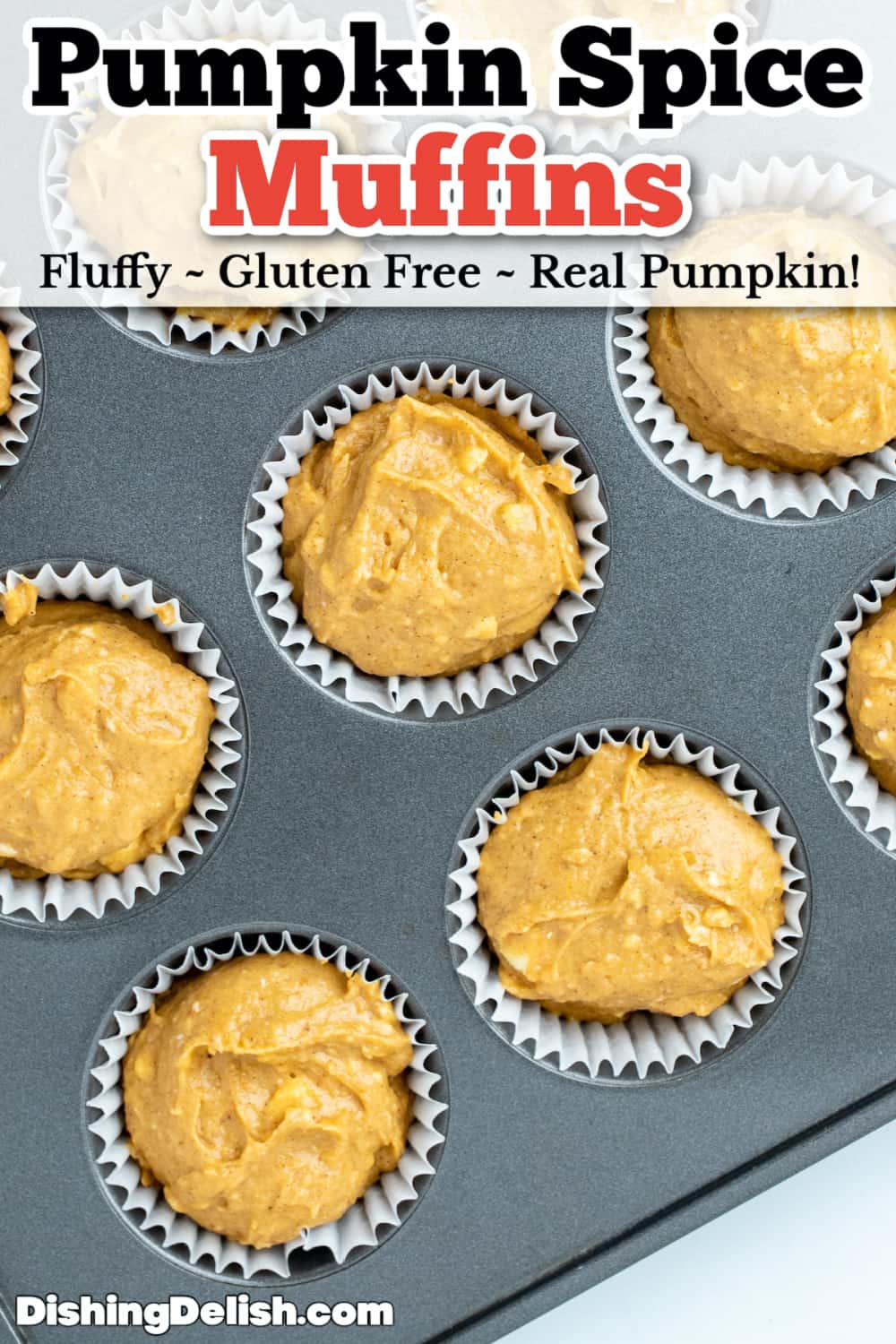 Tray of raw gluten free pumpkin muffins before baking.