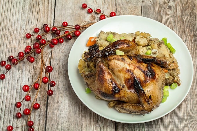 Polenta Stuffed Cornish Hens with Apricot Glaze