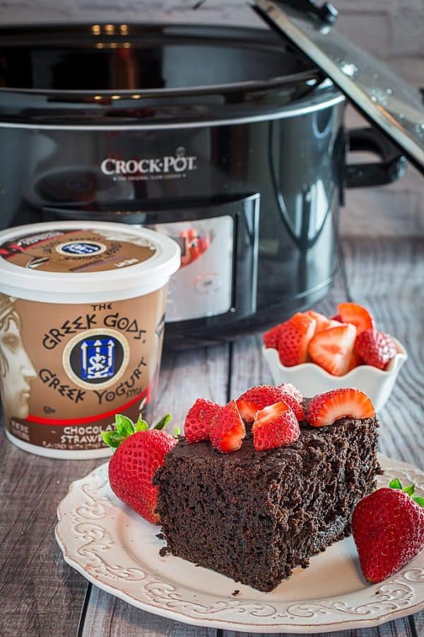 Slow Cooker Chocolate Strawberry Cake & Yogurt Glaze • Dishing Delish