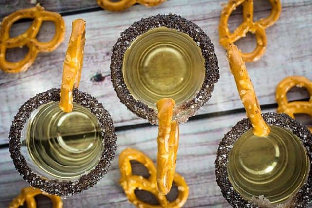 Chocolate Covered Pretzel Shot • Dishing Delish