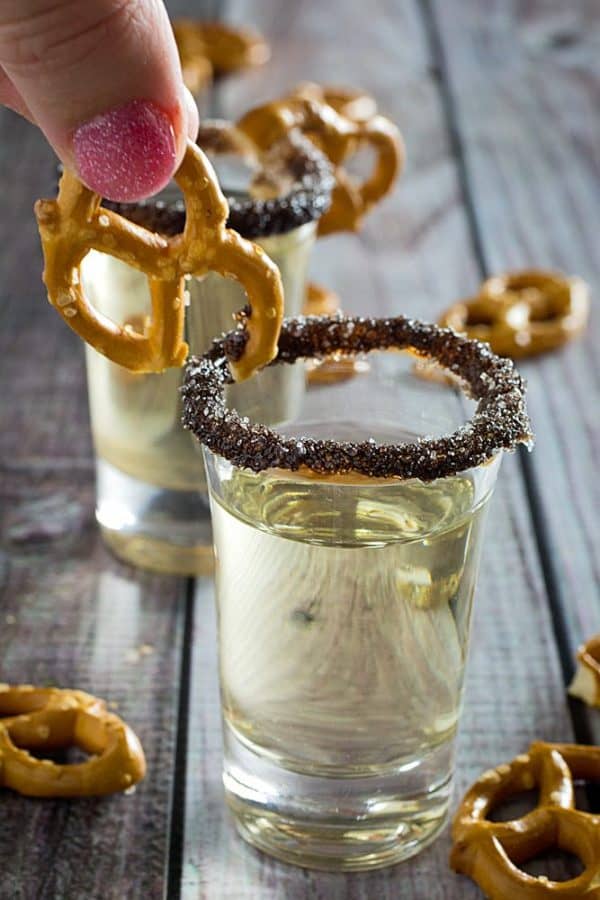 Chocolate Covered Pretzel Shot • Dishing Delish