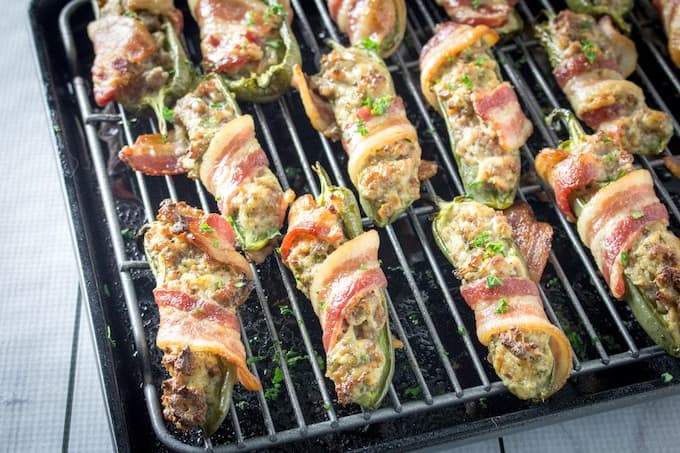 bacon wrapped sausage stuffed jalapenos