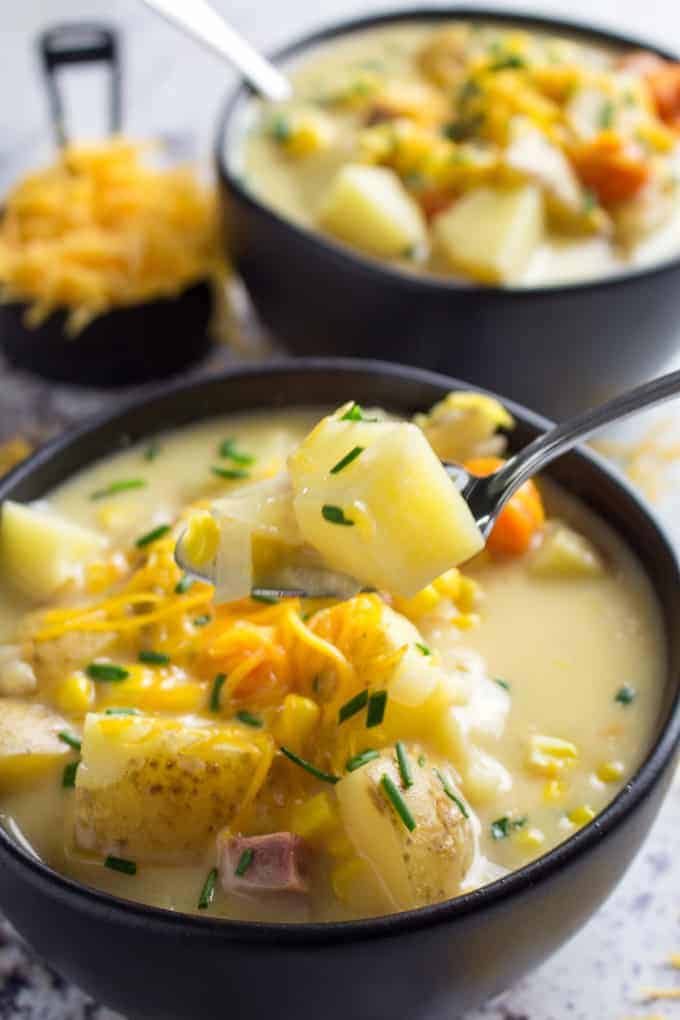 Crockpot Corn Chowder With Ham & Potatoes • Dishing Delish