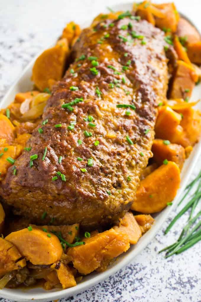 BBQ Slow Cooker Pork Loin & Sweet Potatoes • Dishing Delish