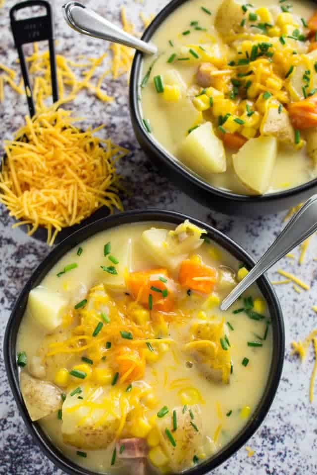 Crockpot Corn Chowder With Ham & Potatoes • Dishing Delish
