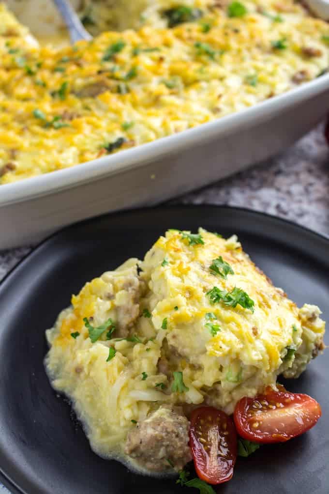 Make Ahead Sausage Hash Brown Casserole • Dishing Delish