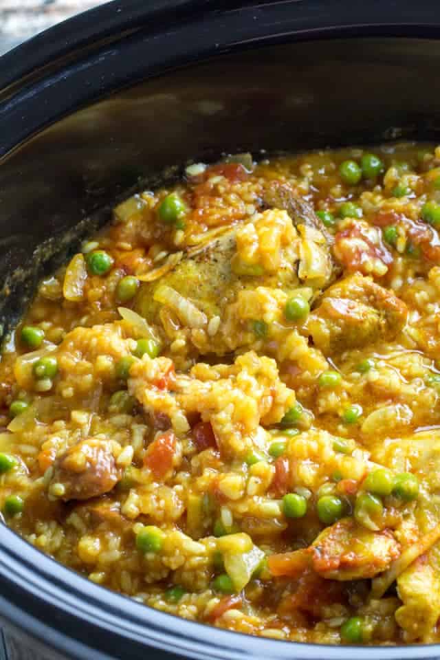Slow Cooker Chicken and Sausage Paella • Dishing Delish