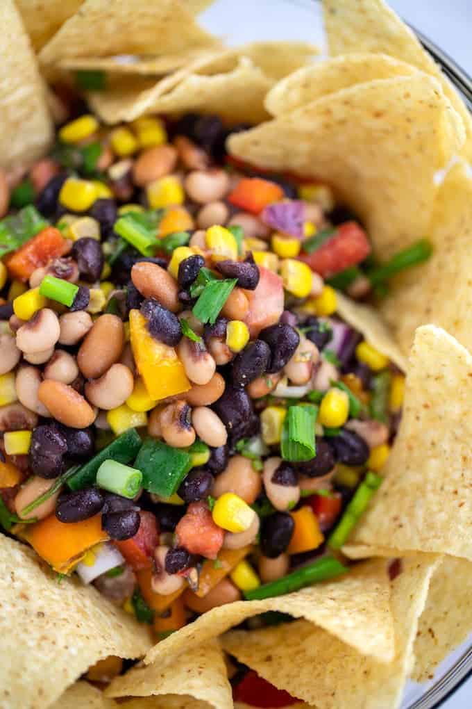 Cowboy Caviar Recipe served with tortilla chips