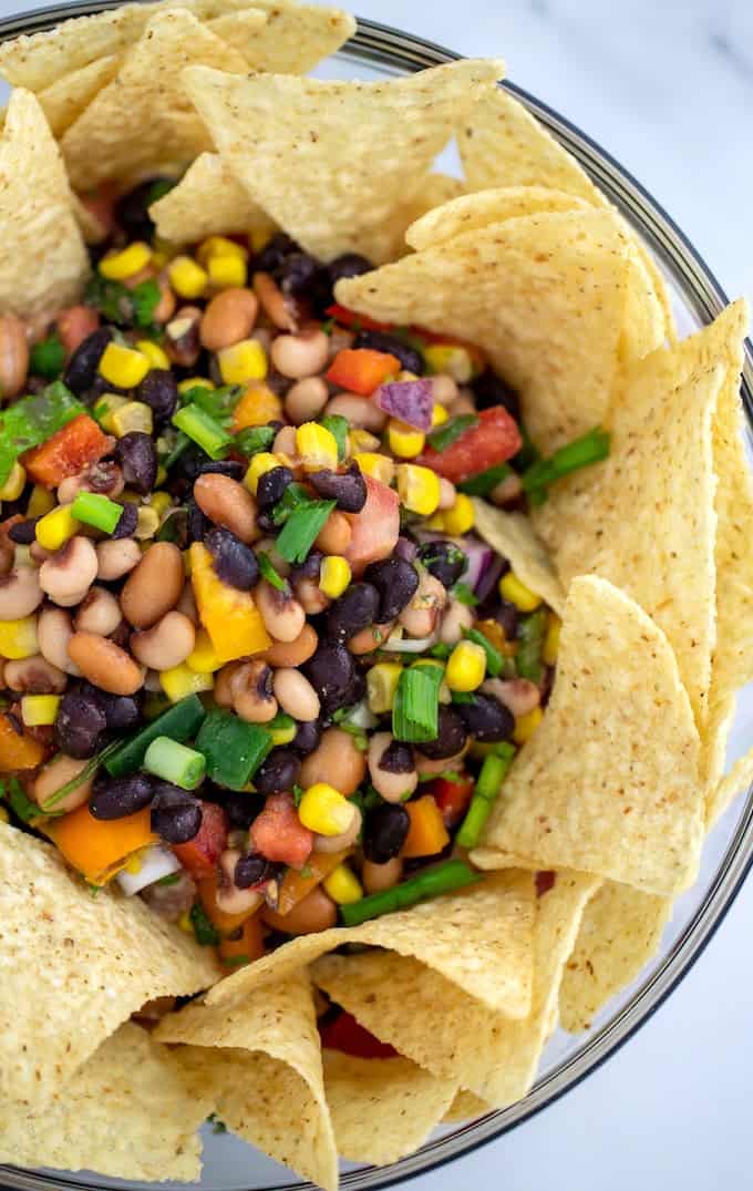 Cowboy Caviar Dip served with tortilla chips