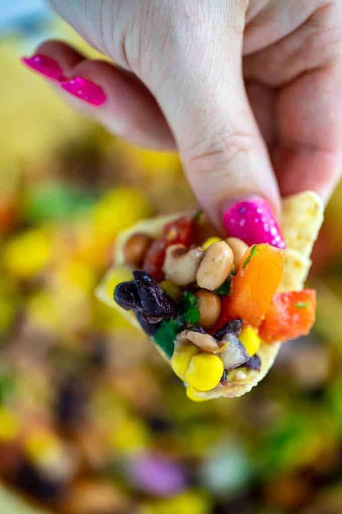 Cowboy Caviar on a tortilla chip