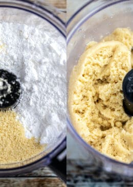 downward view of powdered sugar and almond flour in a food processor on the left and finished almond paste dough in the food processor on the right