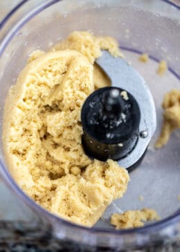 Downward view of almond paste completed in the food processor