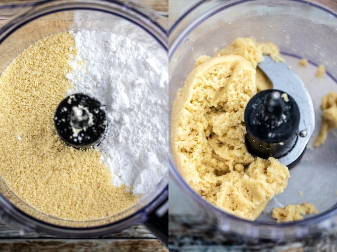 downward view of powdered sugar and almond flour in a food processor on the left and finished almond paste dough in the food processor on the right