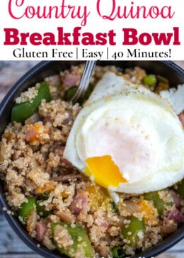 country quinoa bowl closeup with over easy egg on top