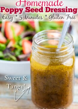 Pinterest pin of poppy seed dressing in a mason jar with a spoon