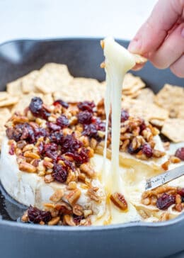 pecan cranberry baked brie photo from the side with stringy melted cheese on a cracker