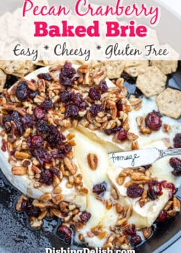 pinterest pin downward shot of pecan cranberry baked brie with gooey cheese melting out