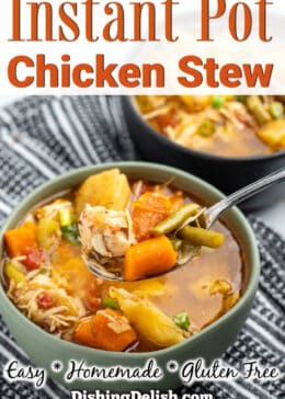 Pinterest pin Two bowls of chicken stew on top of a kitchen town. The front bowl has a spoon in it.