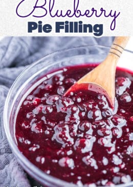 pinterest pin with photo of wooden spoon scooping blueberry pie filling out of a bowl
