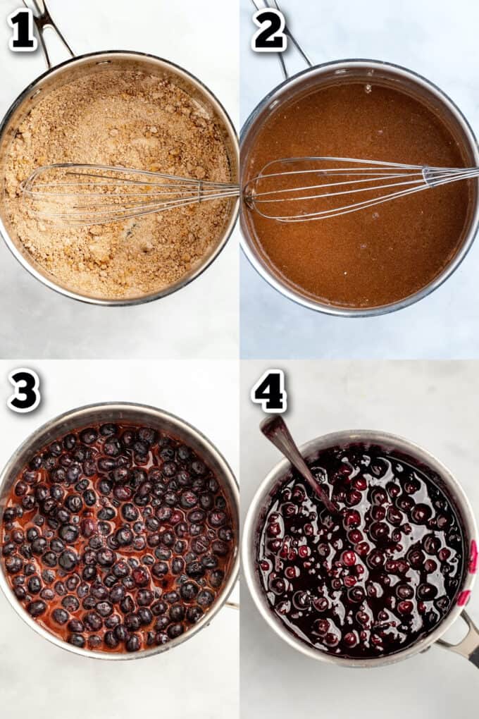 Collage of four images showing steps to mix dry ingredients together, whisk in lemon juice and water, add blueberries, and cook down blueberries in sugar mixture until thickened to pie filling.