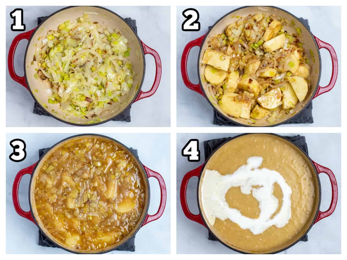 Collage of four steps to making potato leek soup.