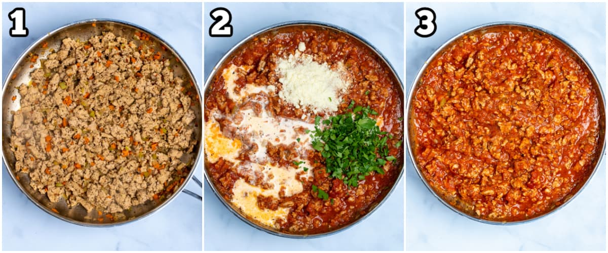 Three steps to make turkey bolognese