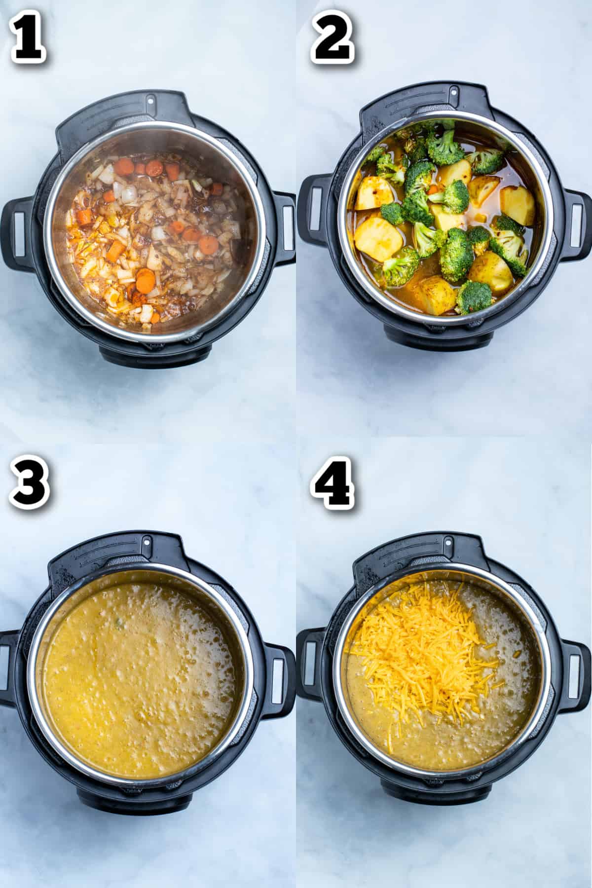 Steps for broccoli cheddar soup from beginning to end