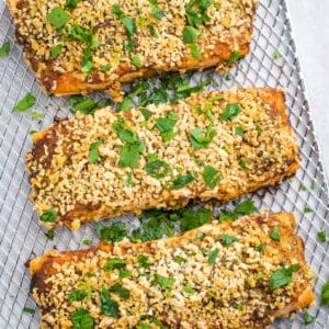 Close up of air fryer salmon with breadcrumb topping on an air fryer shelf.