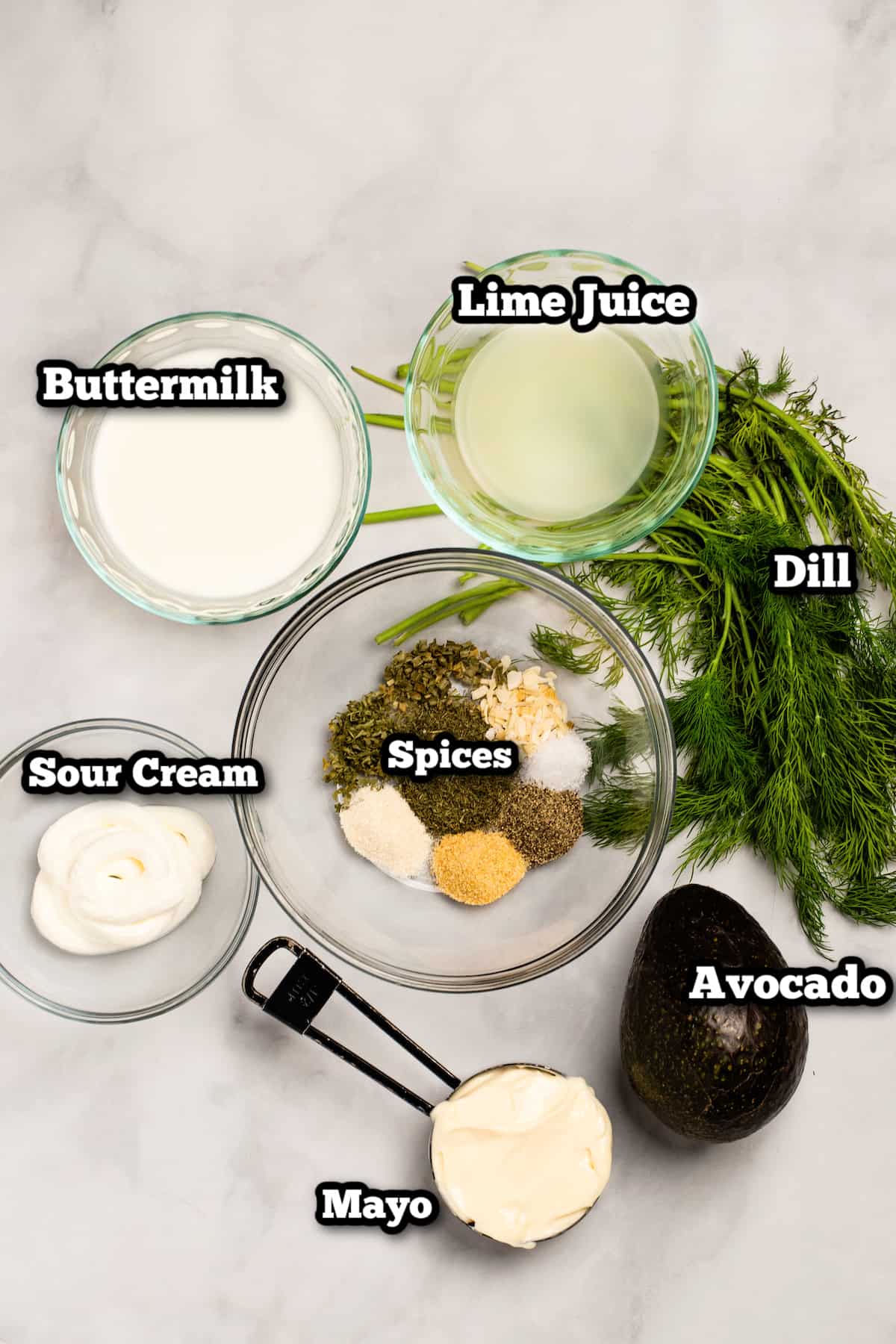 Ingredients needed to make avocado lime ranch dressing