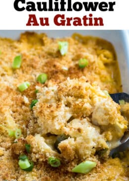 Pinterest pin for cauliflower au gratin in a baking dish with a spatula lifting some out of the dish.