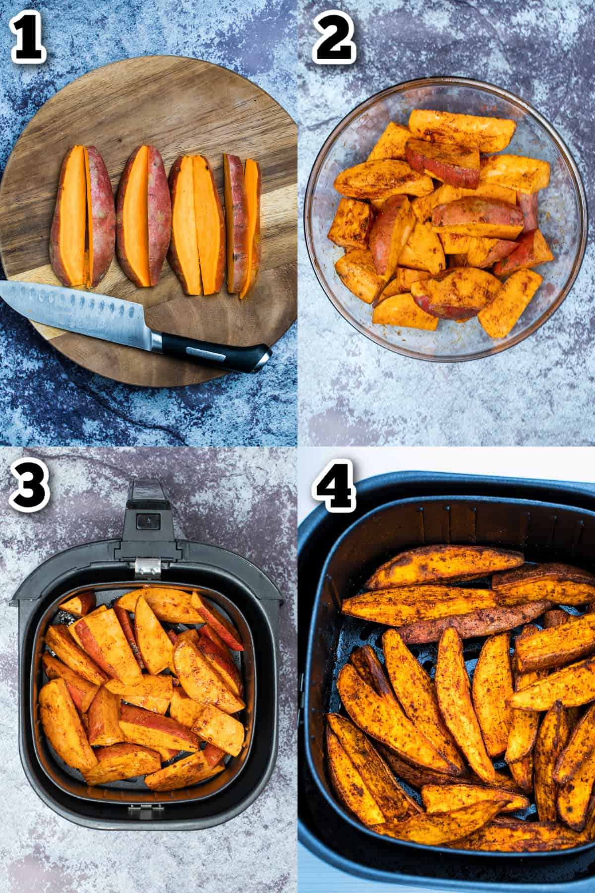 A step by step photo of how to make air fryer sweet potato wedges.