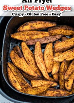 Air Fryer Sweet Potato Wedges in the basket of an air fryer.