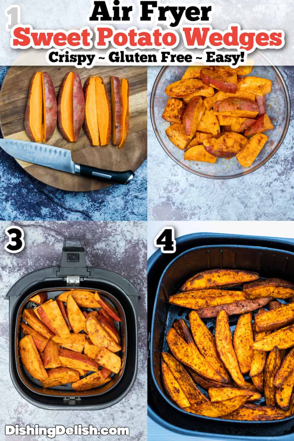 Step by step photos of how to make air fryer sweet potato wedges.