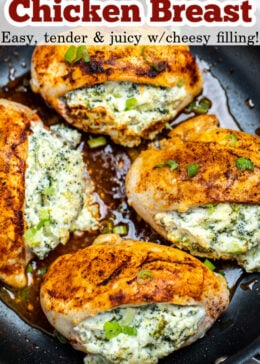 Pinterest pin for broccoli and cheese stuffed chicken with a photo of chicken in a nonstick skillet.