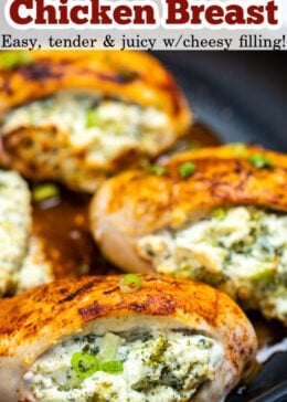 Pinterest Pin for broccoli and cheese stuffed chicken in a nonstick skillet.