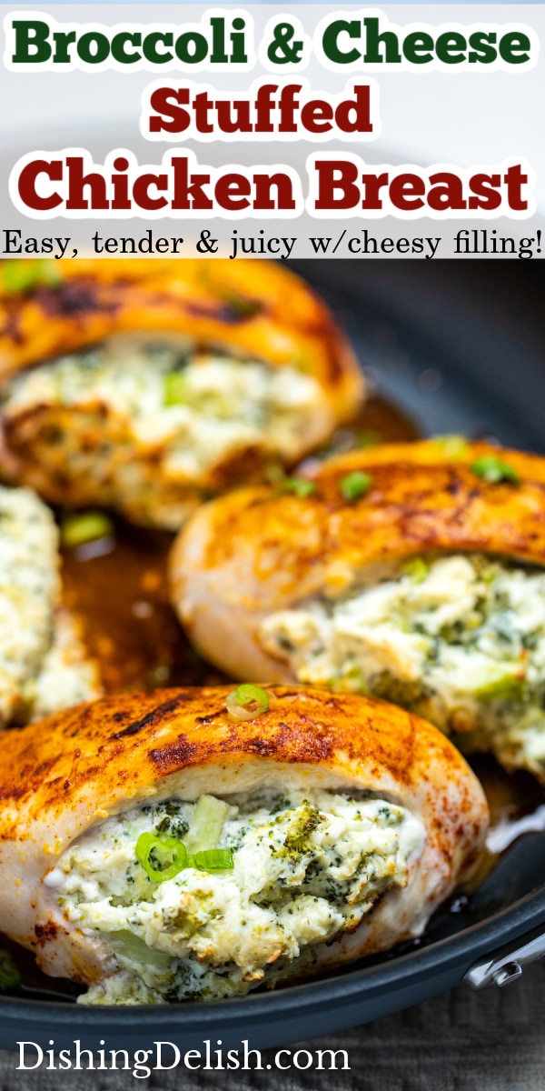 Pinterest Pin for broccoli and cheese stuffed chicken in a nonstick skillet.