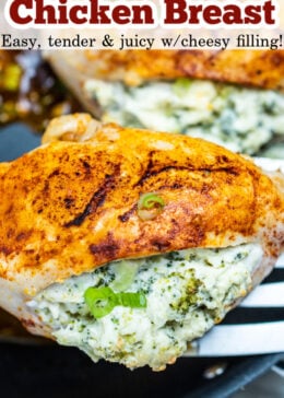pinterest pin for broccoli and cheese stuffed chicken, with a spatula lifting a piece of chicken out of a skillet.