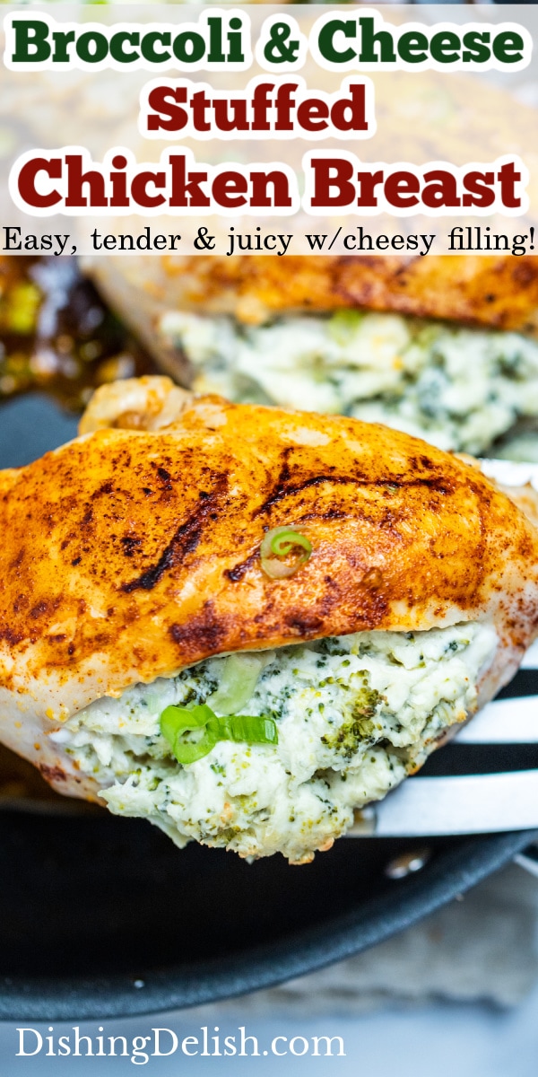 pinterest pin for broccoli and cheese stuffed chicken, with a spatula lifting a piece of chicken out of a skillet.