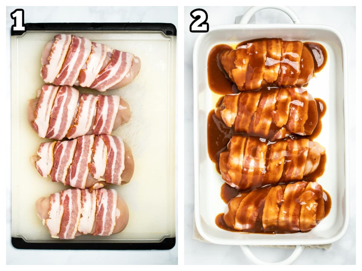 Step by step photos for how to make BBQ bacon wrapped chicken.