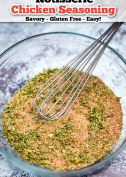 Pinterest Pin of rotisserie chicken seasoning in a bowl with a whisk.
