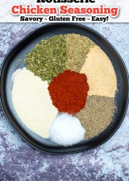 Spices individually on a plate that make up rotisserie chicken seasoning.