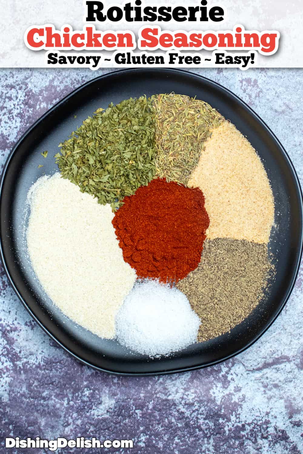 Spices individually on a plate that make up rotisserie chicken seasoning.