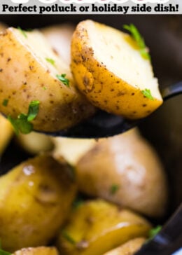 Pinterest pin with a spoon picking up potato pieces.