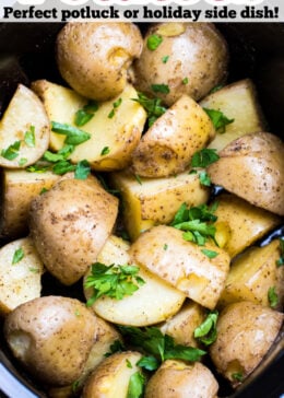 Pinterest pin with a photo of quartered potatoes in a slow cooker with fresh parsley on top.