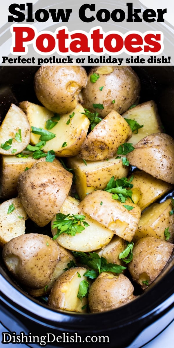 Pinterest pin with a photo of quartered potatoes in a slow cooker with fresh parsley on top.