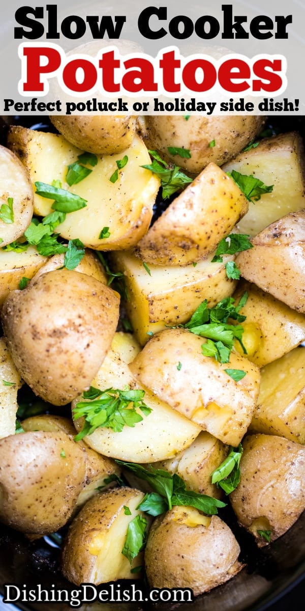 Pinterest pin with a photo of quartered potatoes in a slow cooker with fresh parsley on top.